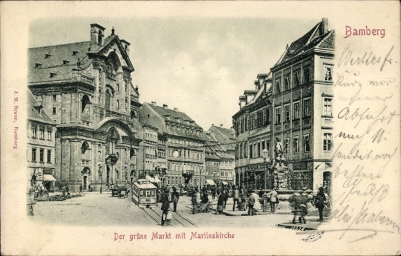 Postcard Bamberg in Upper Franconia, front view of the green market, St. Martin's Church, architecture