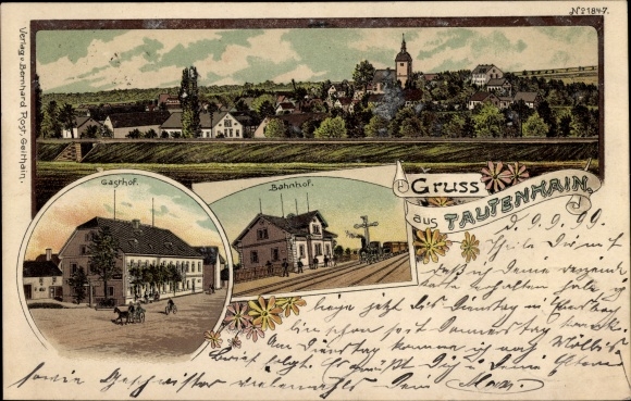 Chromo-Litho Tautenhain Frohburg in Saxony, total view, train station, inn