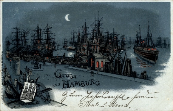 Wapenschild litho Hamburg, haven bij nacht