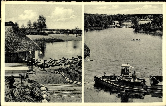 Postcard Güster Lauenburg Schleswig Holstein, motor boat, landing stage