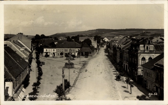 Postcard Tomáš Garrigue Masaryk, President of Czechoslovakia, town square, buildings, trees, l...