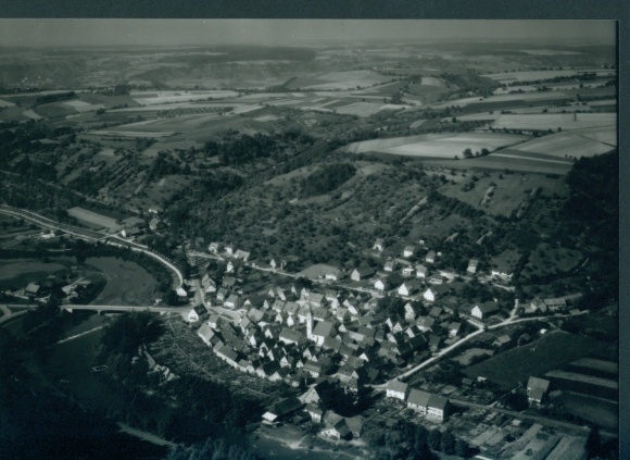 Postcard Sindringen Forchtenberg in the Hohenlohe district, black and white photo of a hilly landscape with a small...