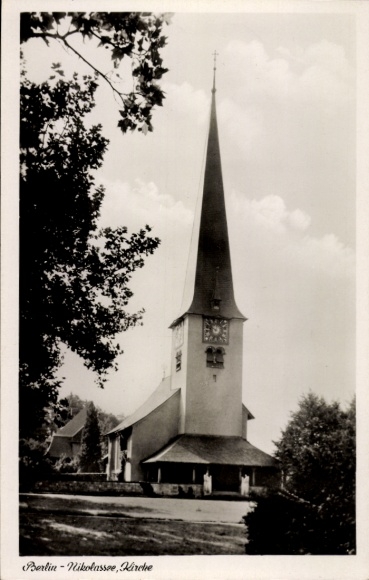 Postcard Berlin Zehlendorf Wannsee, Nikolasserkirche, pointed tower, trees, clouds