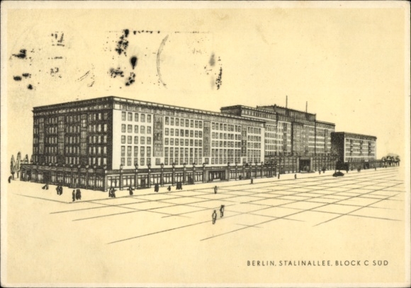 Postcard Berlin Friedrichshain, stylized view of a building complex, labeled: STALINALLEE,