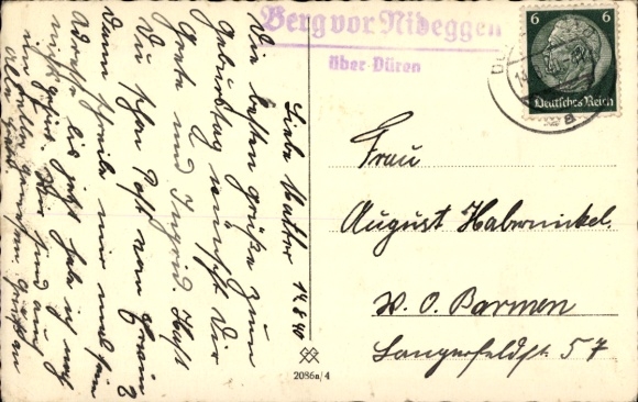 Country postmark Berg in front of Nideggen in the Eifel above Düren, August 14, 1940, PC