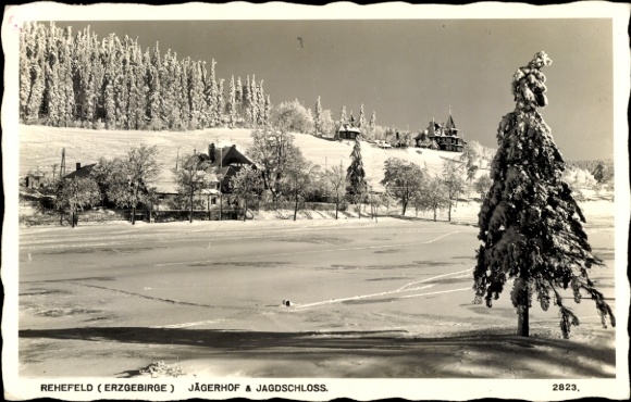 Postcard Rehefeld Zaunhaus Altenberg in the Ore Mountains, winter landscape, hunter's lodge, hunting lodge