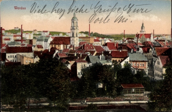 Postcard Werdau in Saxony, city view with many houses, church tower, industrial facilities