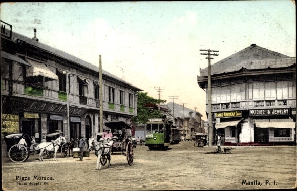 Ak Manila Philippinen, Platz, Tram, Rikscha