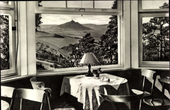 PC Arnstadt Thuringia, HO Gaststätte Berggasthaus Alteburg, view of the Wachsenburg
