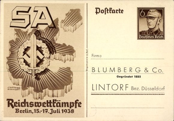 Postal stationery artist Postcard Axster Heudtlaß, SA Reichswettkämpfe Berlin 1938
