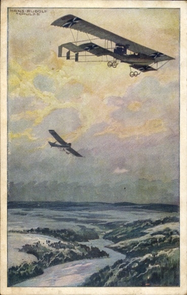 Artist Postcard Schulze, Hans Rudolf, Military biplane on reconnaissance mission over the Argonne Forest