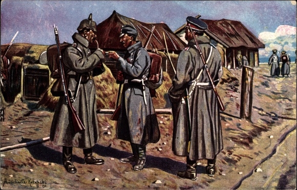 Kunstenaarskaart Lüschwitz Koreffski, drie wapenbroeders in een Servisch dorp, soldaten in uniform, I. WW