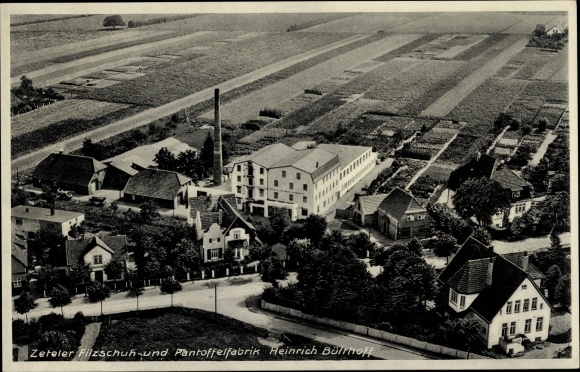 Postcard Zetel in Oldenburg Friesland, felt shoe and slipper factory Heinrich Bülthoff, aerial photo