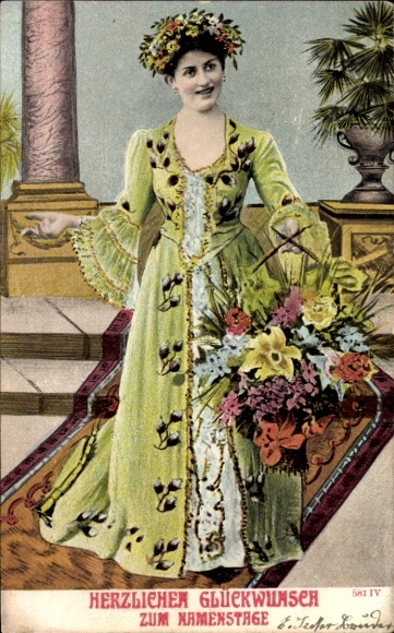 Postcard Congratulations Name Day, Woman with Flowers