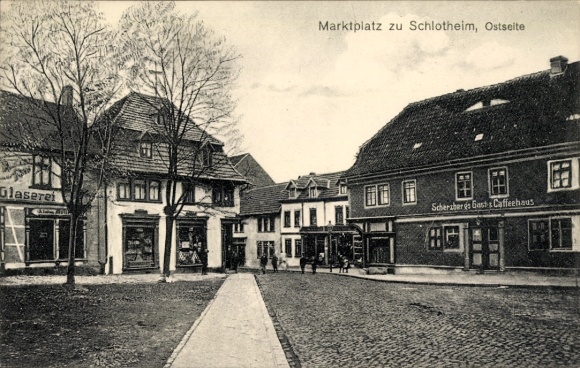 Postcard Schlotheim in Thuringia, market square, east side, glassworks, Scheraber's Gast & Caffeehaus