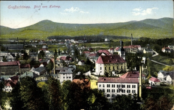 Postcard Großschönau in Upper Lusatia Saxony, view of hills in the background, town view with...