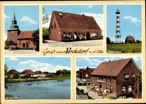 Ak Brokdorf im Kreis Steinburg, Kirche, Lebensmittel und Feinkost K. Stöver, Leuchtturm, Gaststätte