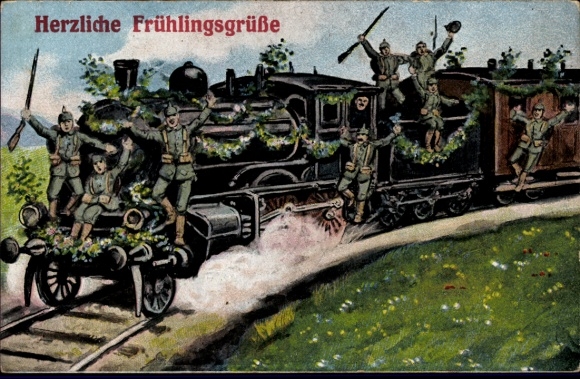 Ak Übersee Bernau im Kreis Rosenheim Oberbayern, Frühlingsgrüße, Soldaten auf einem Zug, der m...