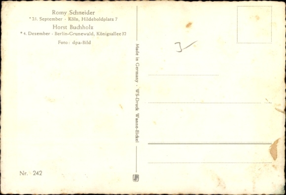 Postcard actress Romy Schneider, actor Horst Buchholz, sleigh