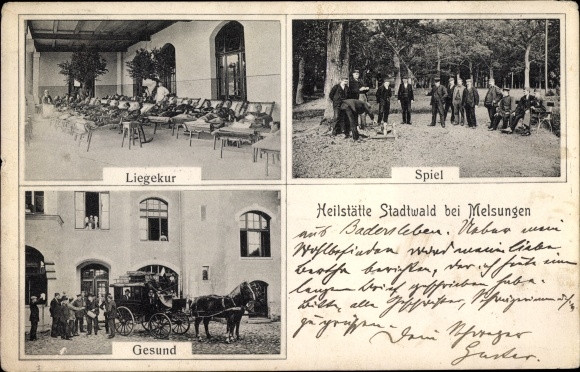 Postcard Melsungen in Hesse, Heilstätte Stadtwald, rest cure, carriage, gallows bowling