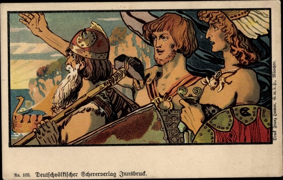 Artist Chromo-Litho Vikings in armor, hammer, boat, shield, Deutschvölkischer Schererverlag Innsbruck