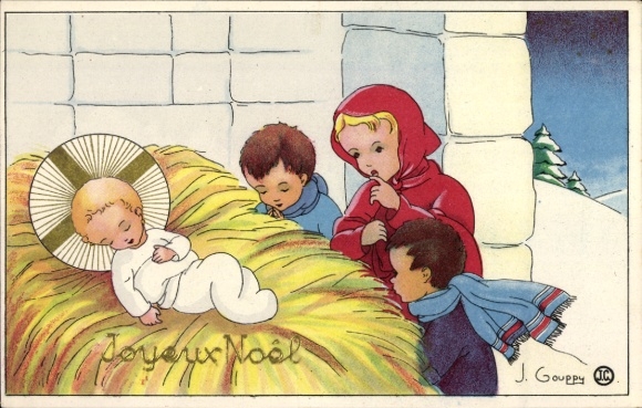Künstler Ak Gouppy, J., Glückwunsch Weihnachten, Betende Kinder, Jesus