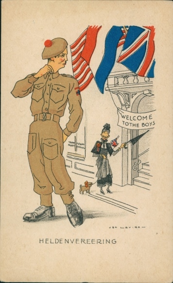 Artist Postcard hero worship, soldier in uniform, flags, office building, woman with dog