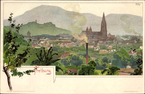 Kunstenaar litho Freiburg im Breisgau, uitzicht over de daken van de stad, kerk
