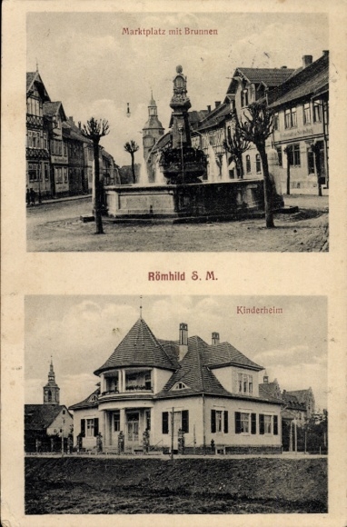 KP Römhild w Turyngii, rynek z fontanną, dom dziecka, architektura