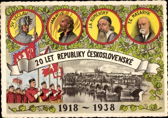 Künstler Ak Usak, O., 20 Jahre Republik Tschechoslowakei, St Vaclav, Jan Hus, J.A. Komensky, Masaryk
