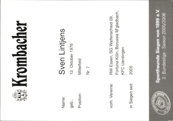 Autograph card footballer Sven Lintjens, Sportfreunde Siegen, autograph