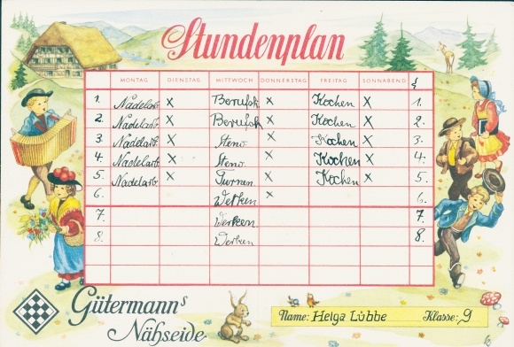 Gütermanns Nähseide timetable, children in traditional costumes