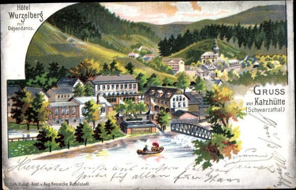 Chromo-Litho Katzhütte in the Schwarzatal Thuringia, Hotel Wurzelberg, Dependance, view of the town
