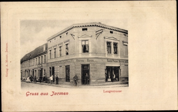 Postcard Jarmen in Western Pomerania, Lange Straße, department store