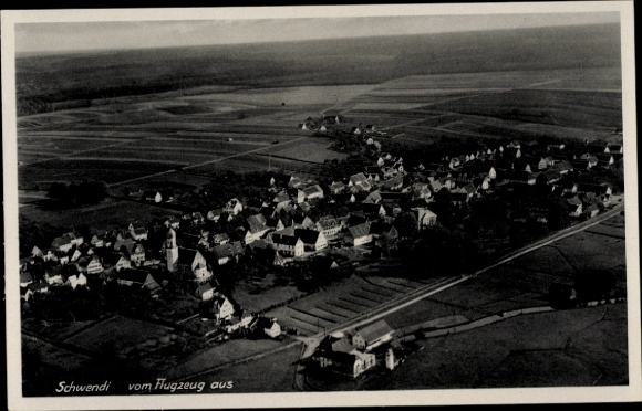 Postcard Schwendi in Upper Swabia, aerial view of rural surroundings, residential buildings, church