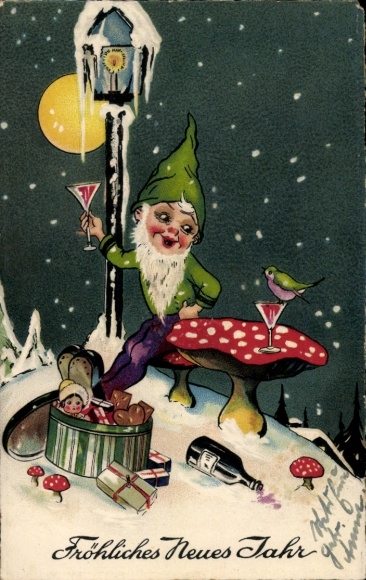 Happy New Year, dwarf with champagne glass, fly agaric as table