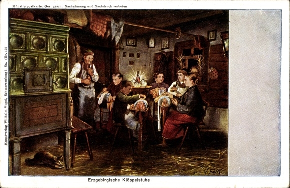 Artist Postcard Falk, G., lace making in the Ore Mountains, tiled stove