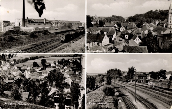 Postcard Schirnding in Upper Franconia, porcelain factory, view of the landscape, view of Mühlberg, border station