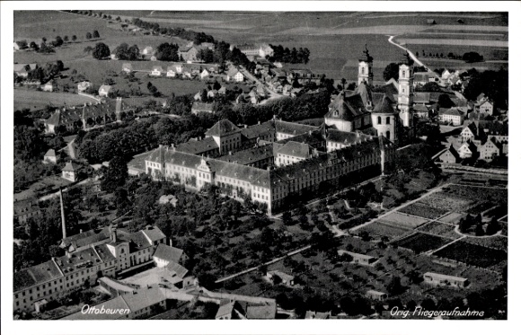 Postcard Ottobeuren in Upper Swabia Allgäu, aerial photography, towers