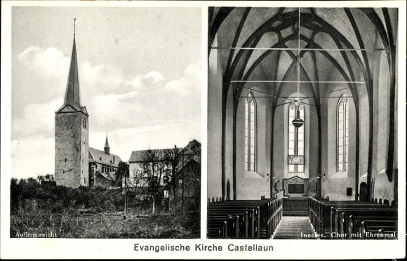 Postcard Kastellaun im Hunsrück, Ev. Church, exterior and interior view, choir with cenotaph