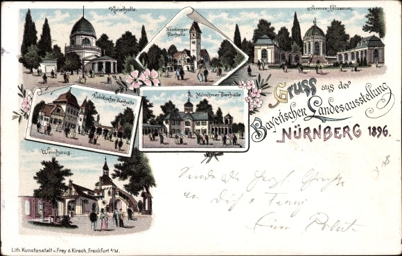 Chromo-Litho Nuremberg, Bavaria. State Exhibition 1896, art gallery, beer halls, wine house, army museum