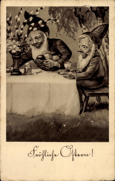 Ak Frohe Ostern, Zwerge am Tisch, Ostereier, Weidenkätzchen