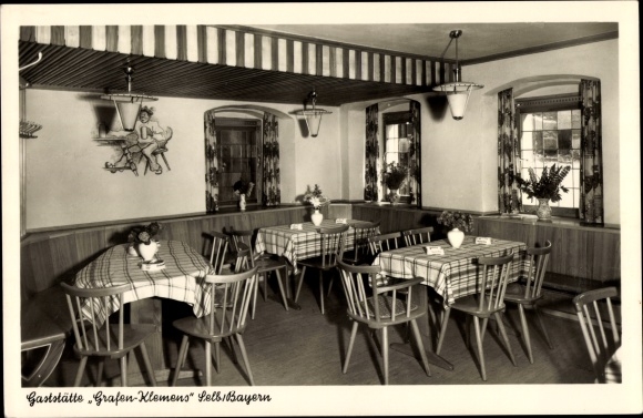 Ak Selb im Fichtelgebirge Oberfranken, Gaststätte Grafen-Klemens, Essraum