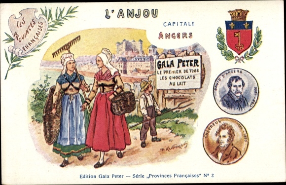 Coat of arms artist Postcard Angers, L&#39;Anjou, costume, advertisement Gala Peter, Chevreul, David d&#39;Angers