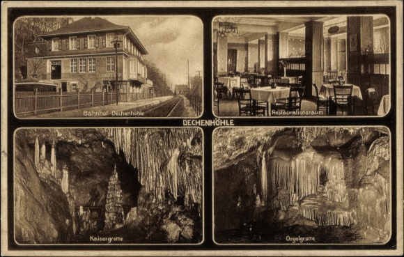 Postcard Green Iserlohn in the Märkisches Kreis, Dechen cave, train station, Kaisergrotte, organ grotto