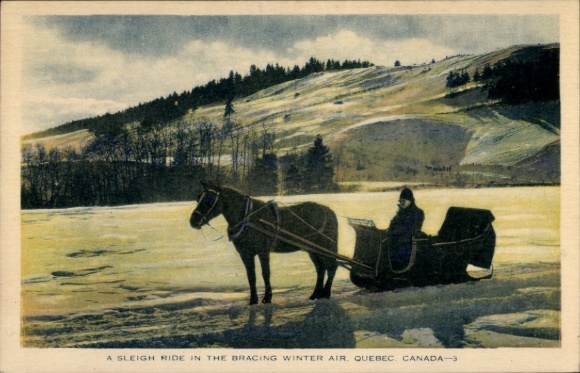 Postcard Québec Canada, A sleigh ride in the bracing winter air, Horse-drawn sleigh