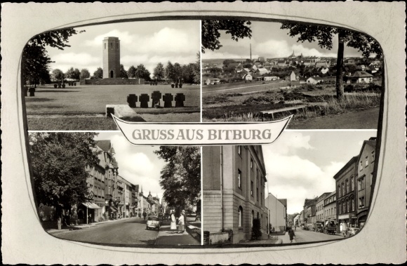 Ansichtkaart Bitburg Rijnland, straatdelen, toren, plaats