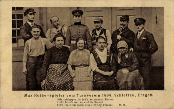 Ak Schlettau in het Ertsgebergte, Max Rothe speler van de gymnastiekvereniging 1864, groepsfoto