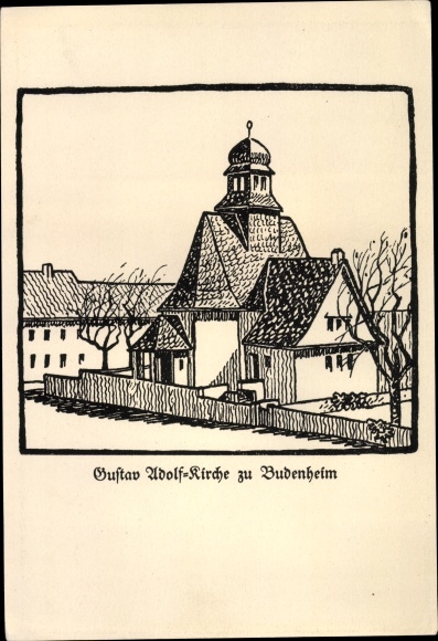 Kunstenaarskaart Budenheim in Rijnland-Palts, Gustav Adolf-kerk, pentekening