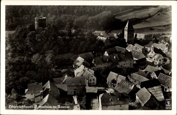 PC Altweilnau Weilrod im Taunus, view of the town, Gasthaus zum Löwen, H. Löwe, aerial photo